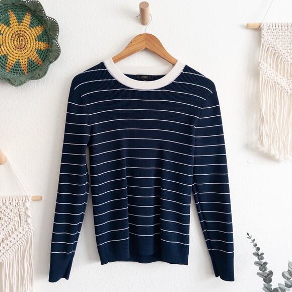 J. Crew Navy and White Stripe Stretchy Pullover Top Size Medium - Picture 1 of 5
